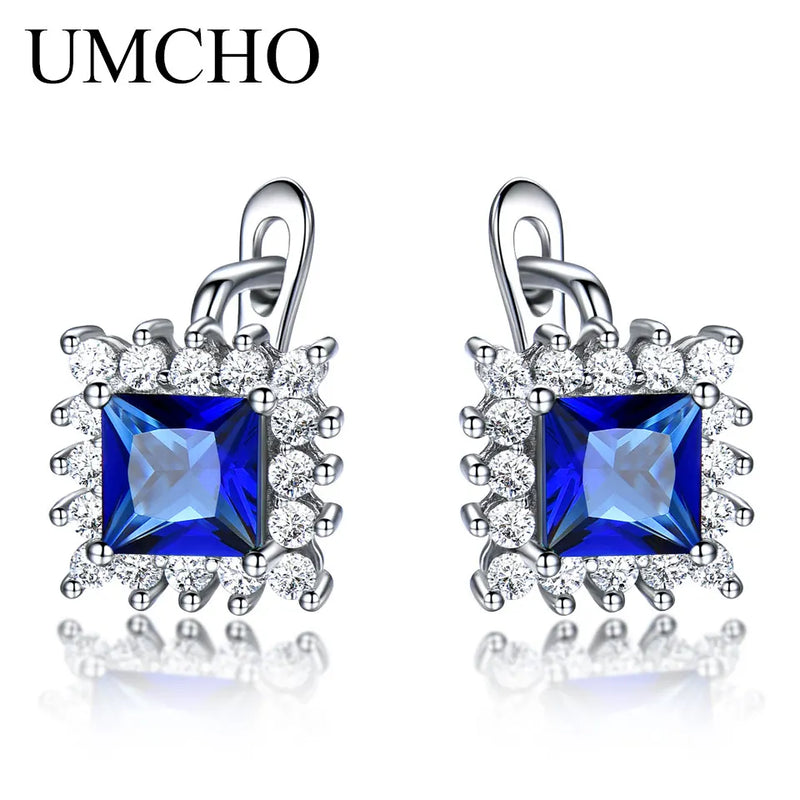 925 Silver Square Rich Nano Sapphire Clip Earrings Women Bride