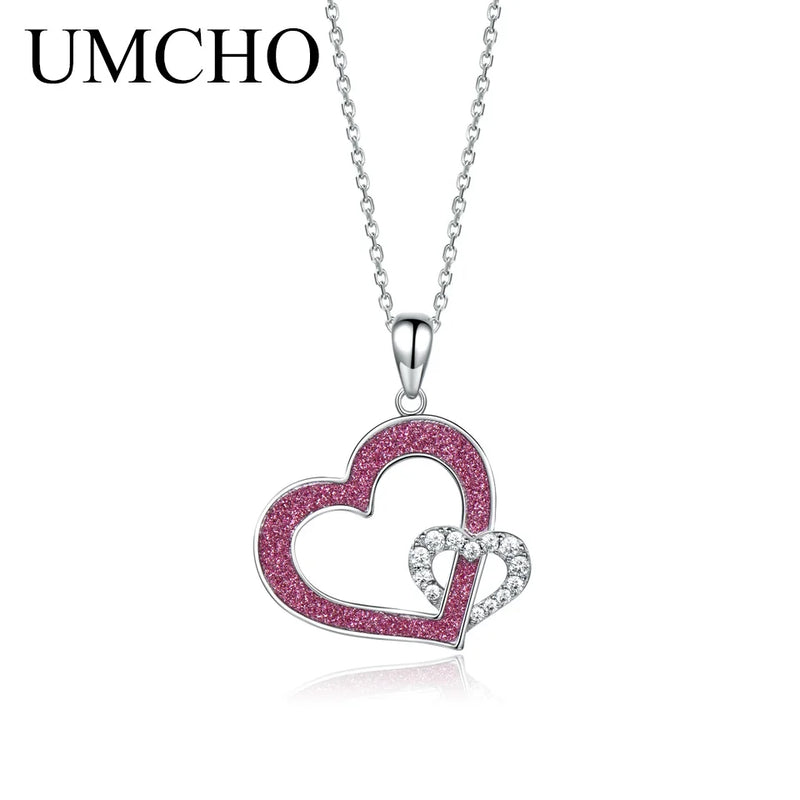 Red Glitter Heart Pendant Necklace 925 Sterling Silver Lover Gift Jewelry