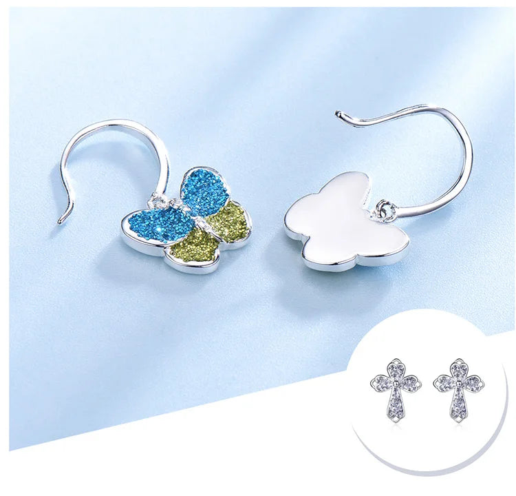 925 Silver Butterfly Drop Earrings Sequins Women Fine Jewelry