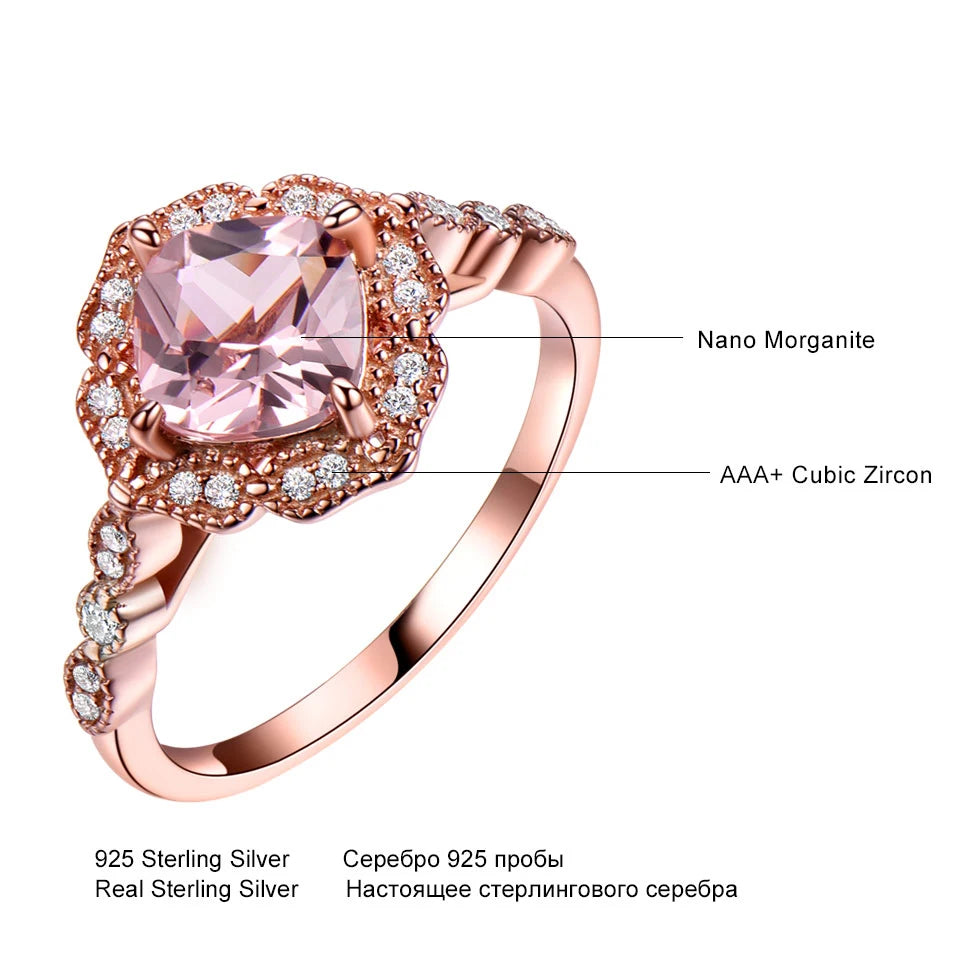 925 Silver Nano Morganite Engagement Rose Ring