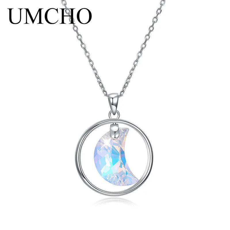 925 Silver Crystal Moon Pendant Necklace for Women - Fine Jewelry
