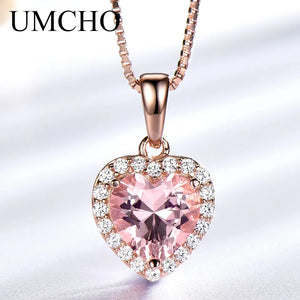 925 Silver Pink Morganite Heart Pendant Necklace Women Girl Gift