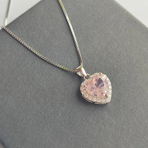 925 Silver Pink Morganite Heart Pendant Necklace Women Girl Gift