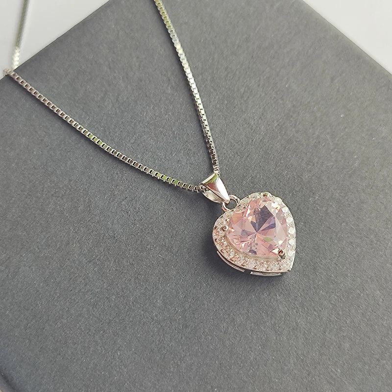 925 Silver Pink Morganite Heart Pendant Necklace Women Girl Gift