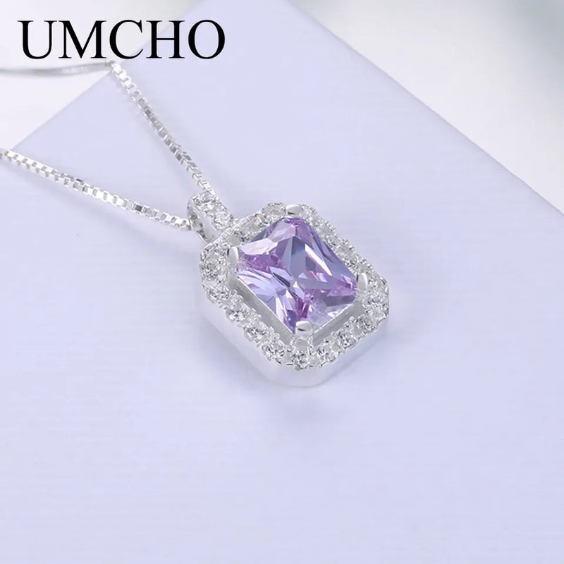 925 Silver CZ Chain Necklace Pendent Clear Red Pink Purple for Women