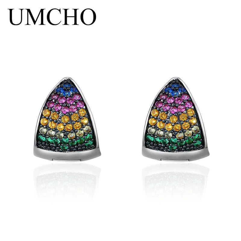 Colorful Gemstone Triangle Clip Earrings 925 Silver for Women Wedding Party