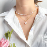 UMKA Vintage Baroque Pearl Lock Chains Necklace Double Layer Pendant