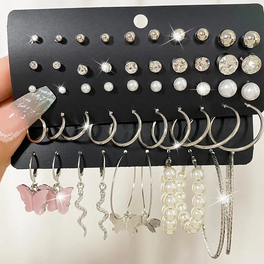 Vintage Retro Geometric Stud Earrings Set Metal Pearl Drop Earrings For Women