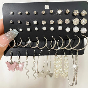Vintage Retro Geometric Stud Earrings Set Metal Pearl Drop Earrings For Women