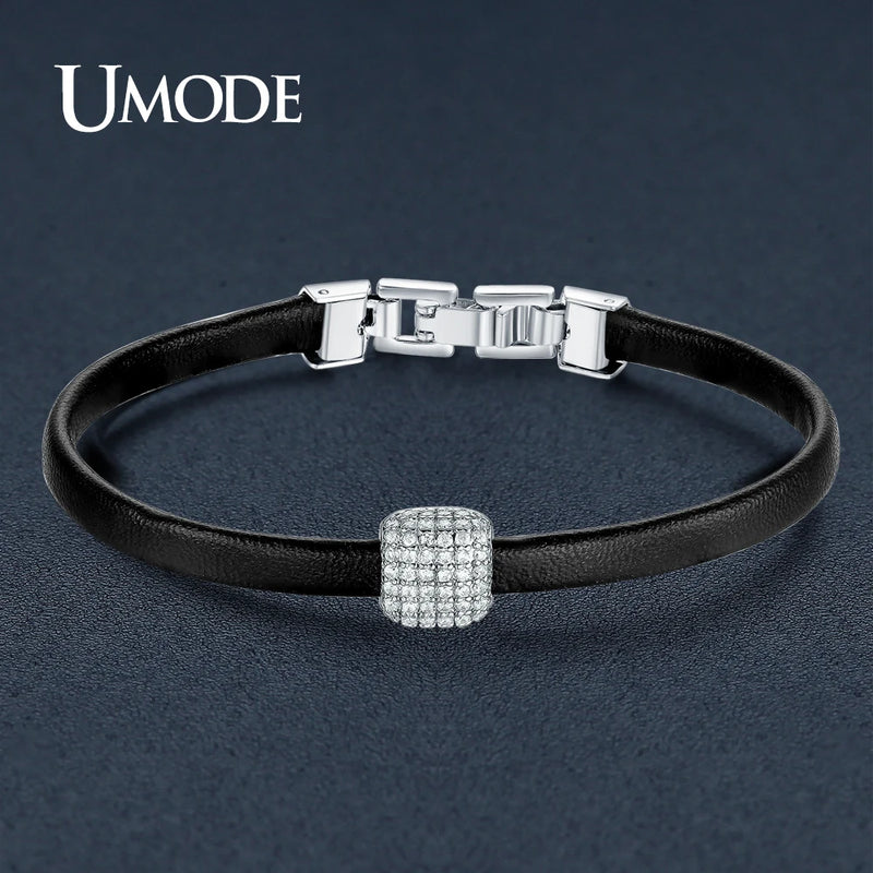 Leather Charm Bracelet for Women with Pave CZ Bead