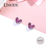 Tiny Heart 925 Sterling Silver Stud Earrings Zircon Ruby Rose Jewelry
