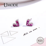 Tiny Heart 925 Sterling Silver Stud Earrings Zircon Ruby Rose Jewelry