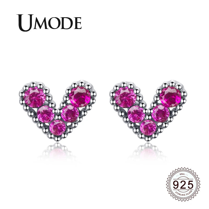 Tiny Heart 925 Sterling Silver Stud Earrings Zircon Ruby Rose Jewelry