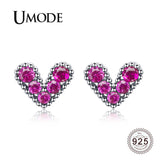 Tiny Heart 925 Sterling Silver Stud Earrings Zircon Ruby Rose Jewelry
