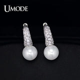 Tiny CZ Pave Simulated Pearl Rhodium Hoop Earrings