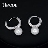 Tiny CZ Pave Simulated Pearl Rhodium Hoop Earrings