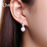 Tiny CZ Pave Simulated Pearl Rhodium Hoop Earrings