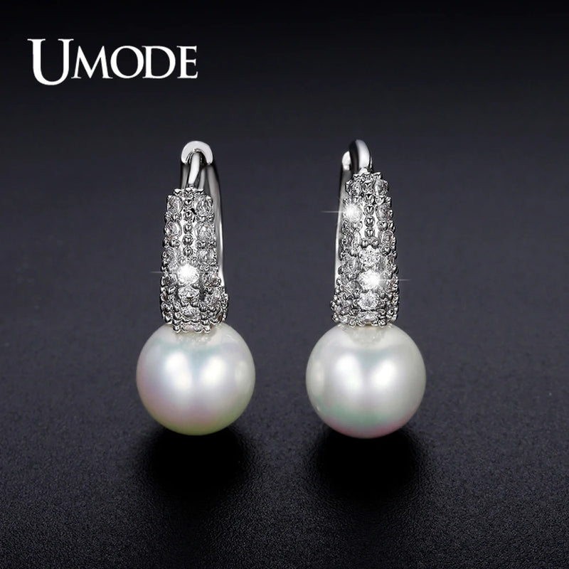 Tiny CZ Pave Simulated Pearl Rhodium Hoop Earrings
