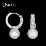 Tiny CZ Pave Simulated Pearl Rhodium Hoop Earrings