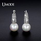 Tiny CZ Pave Simulated Pearl Rhodium Hoop Earrings