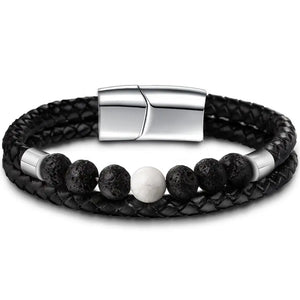 Men's Leather Bracelet with Natural Howlite Stone and Stainless Steel Magnet