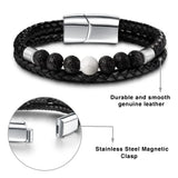 Men's Leather Bracelet with Natural Howlite Stone and Stainless Steel Magnet