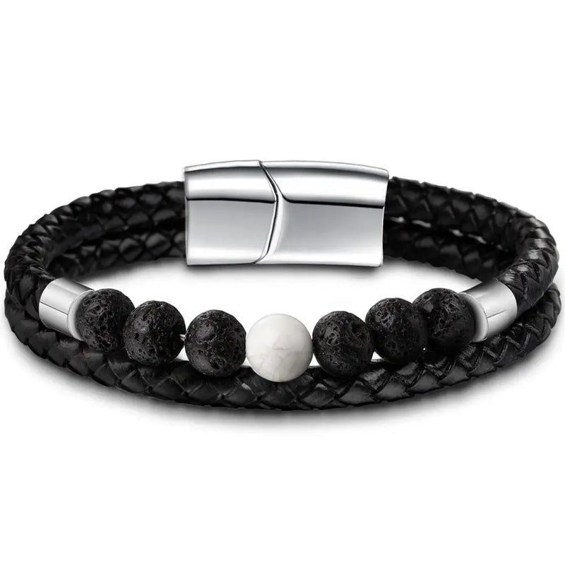 Men's Leather Bracelet with Natural Howlite Stone and Stainless Steel Magnet