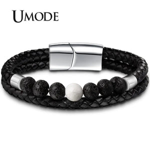 Men's Leather Bracelet with Natural Howlite Stone and Stainless Steel Magnet