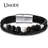 Men's Leather Bracelet with Natural Howlite Stone and Stainless Steel Magnet