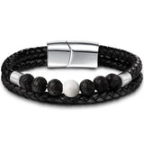 Men's Leather Bracelet with Natural Howlite Stone and Stainless Steel Magnet