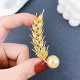 AAA+CZ Golden Wheat Pearl Brooch Pins for Women Bridal Jewelry