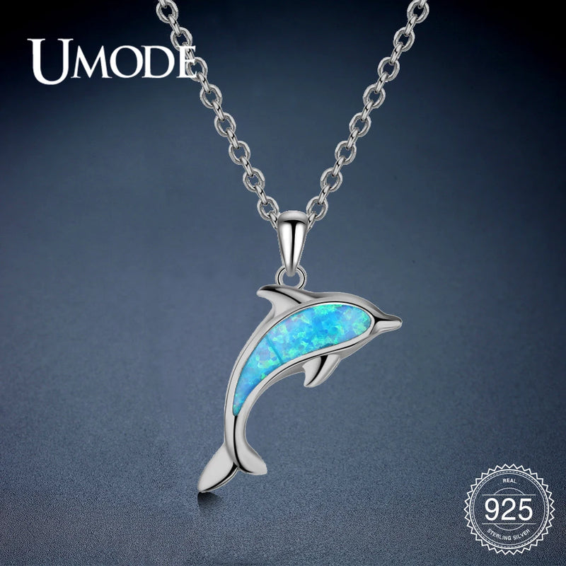 925 Sterling Silver Opal Dolphin Pendant Necklace for Women ULN0481