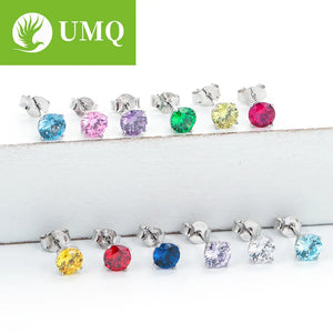 925 Sterling Silver Stud Earrings 5mm Pink Zircon Wedding Bride Band Jewelry