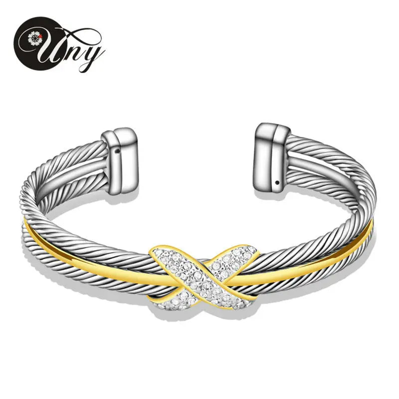 Double Twisted Cable Wire Bracelet Women Gift Two Tone Cuff Bangle