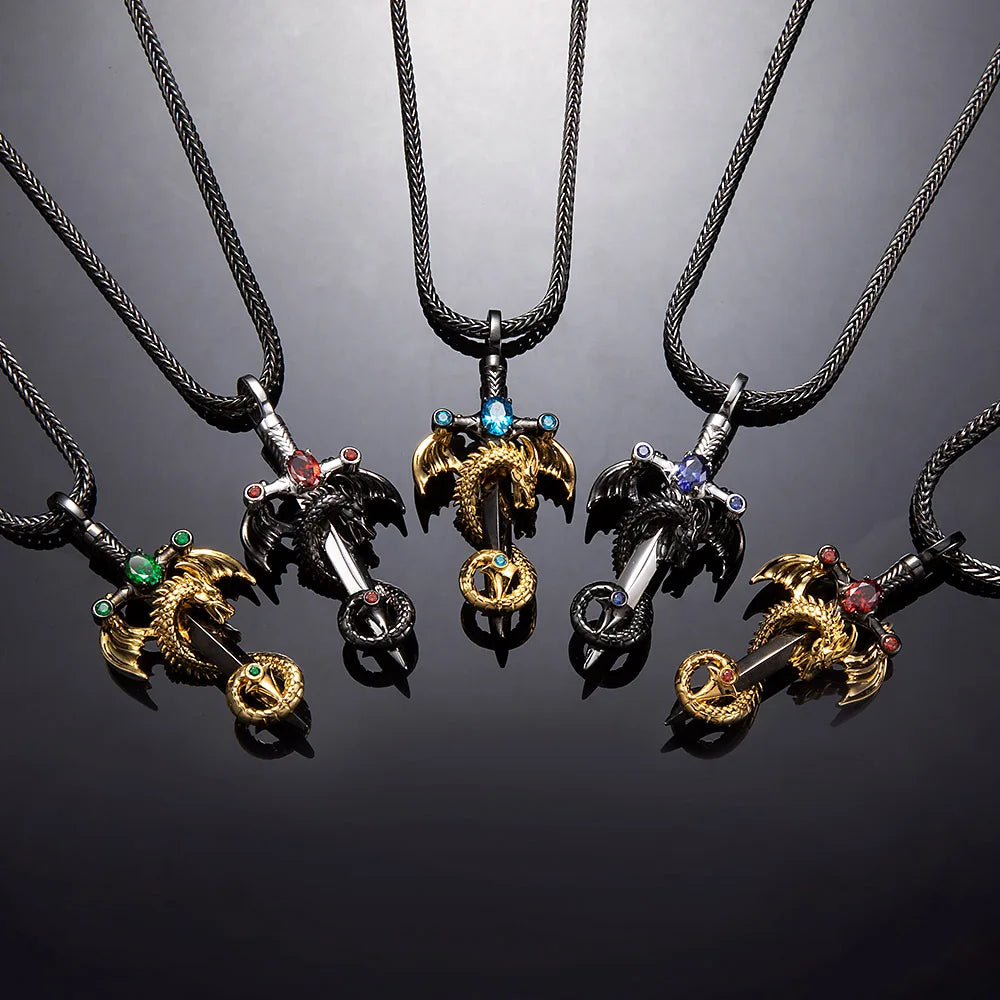 Retro Sword Dragon Pendant Man Necklace Vintage Pterodactyl Choker Chain Gift
