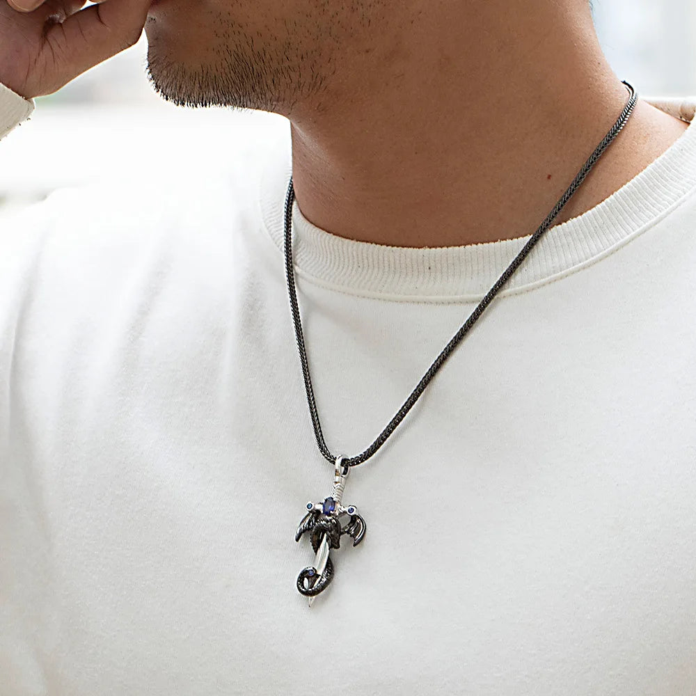 Retro Sword Dragon Pendant Man Necklace Vintage Pterodactyl Choker Chain Gift