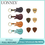 Personalized Wood Guitar Pick with Leather Guitar Shaped Case Keychain