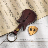 Personalized Wood Guitar Pick with Leather Guitar Shaped Case Keychain