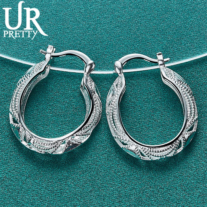 925 Silver 22mm Vintage Engraved Hoop Earring For Women Lady Party Wedding