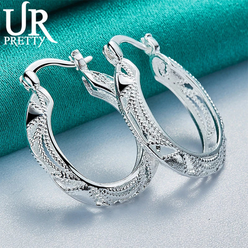 925 Silver 22mm Vintage Engraved Hoop Earring For Women Lady Party Wedding
