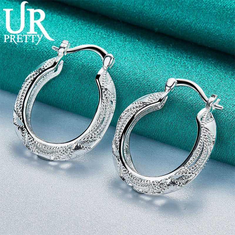 925 Silver 22mm Vintage Engraved Hoop Earring For Women Lady Party Wedding