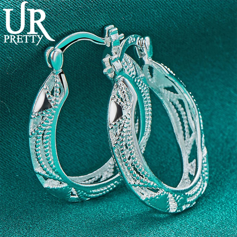 925 Silver 22mm Vintage Engraved Hoop Earring For Women Lady Party Wedding