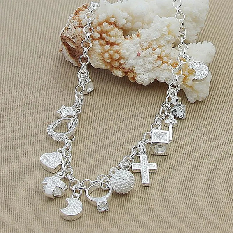 925 Silver Heart Moon Star Cross Necklace 18" Woman Party Wedding Charm Jewelry