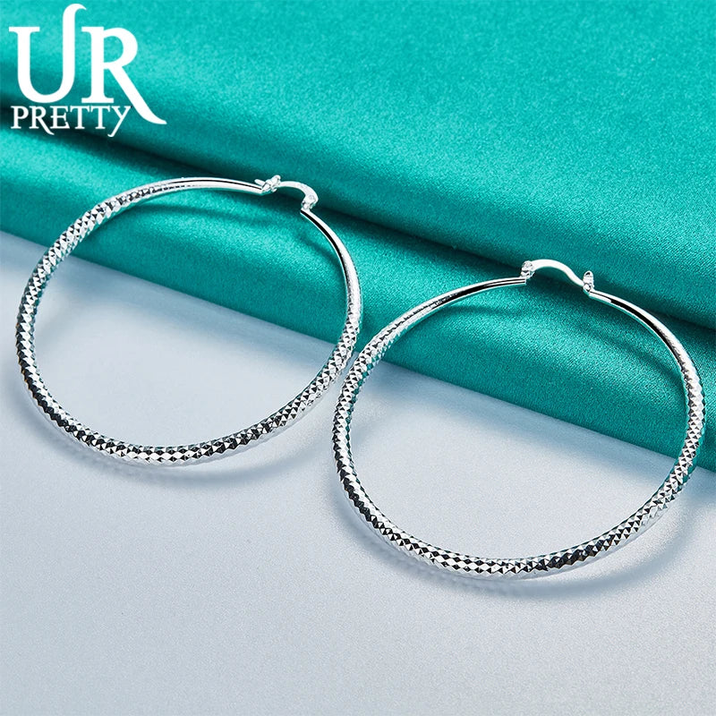925 Silver Rhombus 70mm Hoop Earrings Wedding Party Jewelry Gift