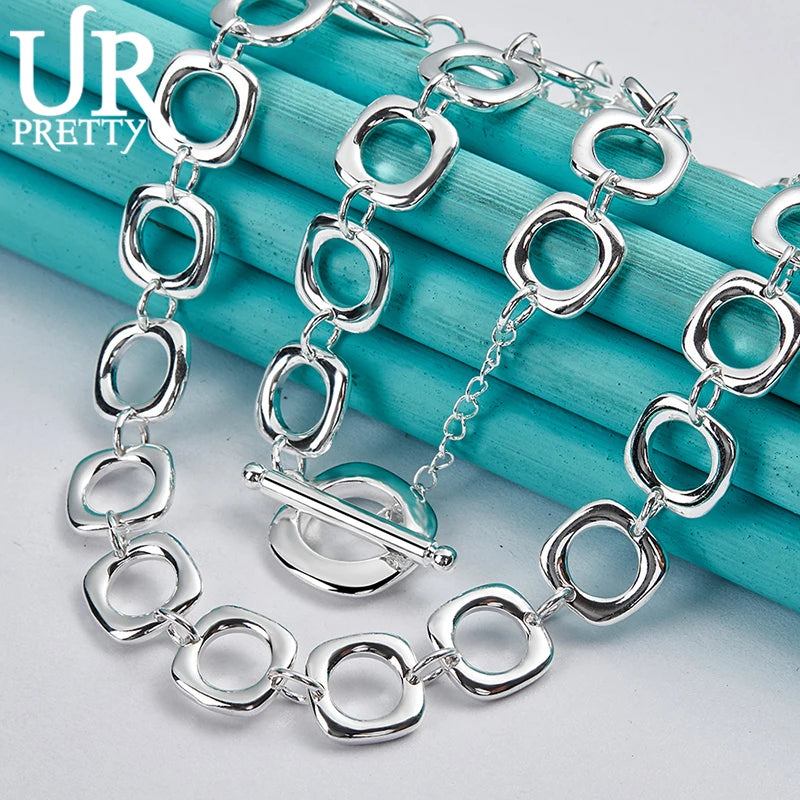 925 Silver Square Circle Necklace 20 Inch Chain for Woman