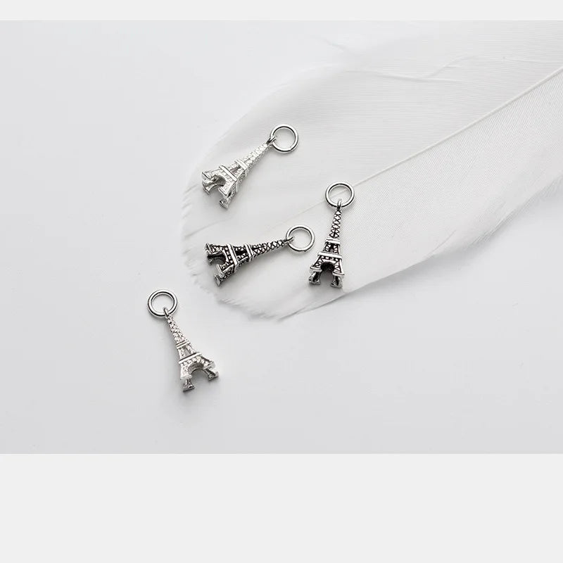 Vintage 925 Silver Eiffel Tower Women DIY Charm Bracelet Necklace