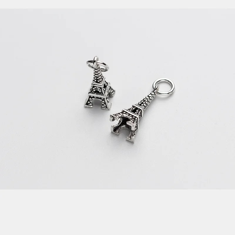 Vintage 925 Silver Eiffel Tower Women DIY Charm Bracelet Necklace