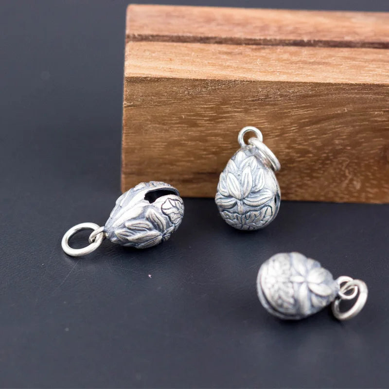 Vintage 925 Sterling Silver Thai Silver Flower Engraved Seed Bell Charms