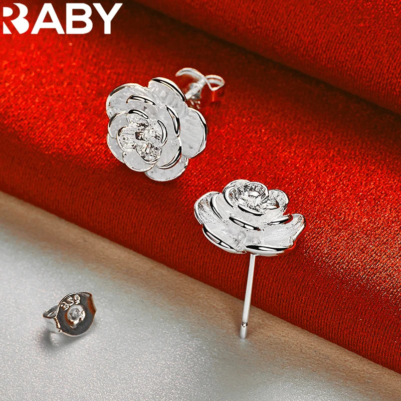925 Sterling Silver Flower Rose Earrings For Women Stud Wedding