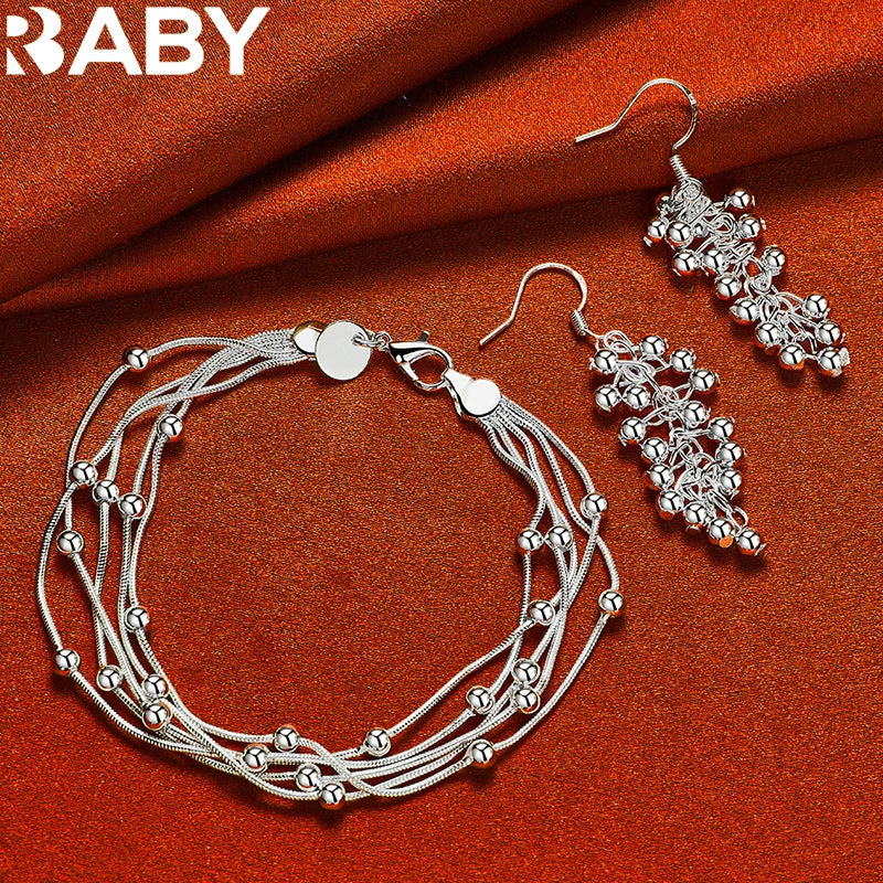 URBABY 925 Silver Grape Beads Bracelet Earrings Set